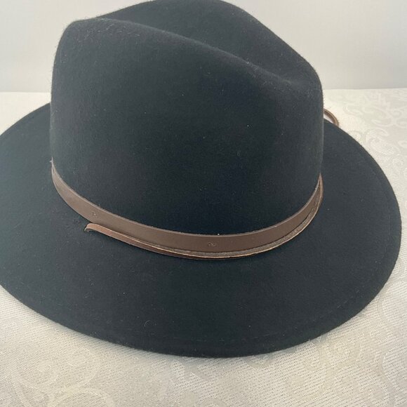 Carri Black Wool Fedora Hat With Feather Accent & Brown Band Medium Size - Picture 2 of 4